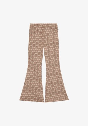 Bež hlače zvončastega kroja z rjavim cvetličnim vzorcem po celotni površini in elastičnim pasom, predstavljene na ravni površini na belem ozadju.