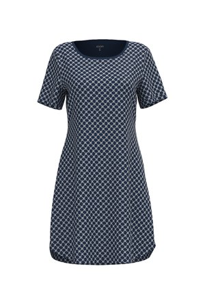 Vestito blu navy a maniche corte con motivo a catena circolare grigio chiaro e scollo arrotondato.