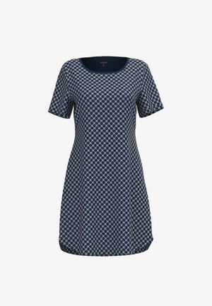 Vestito blu navy a maniche corte con motivo a catena circolare grigio chiaro e scollo arrotondato.