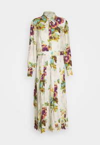 Šaty s květinovým potiskem z lehké tkaniny, s límečkem, dlouhými rukávy a siluetou ve tvaru A se skladovými detaily.