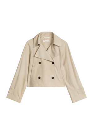 Beige, kurz geschnittene, doppelt geknöpfte Jacke mit breiten Revers, vier dunklen Knöpfen, langen Ärmeln und zwei vertikalen Seitentaschen.