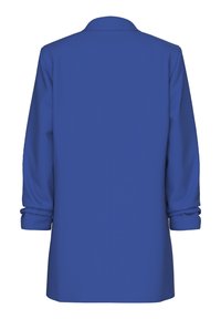 Blå blazer i slät tyg. Har en notch-krage, långa ärmar med manschetter och rak passform. Ingen synlig stängning.