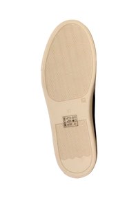 Sole di scarpa in gomma beige con una texture ondulata, con etichetta di taglia 37 e simboli di cura per il lavaggio e l'asciugatura.