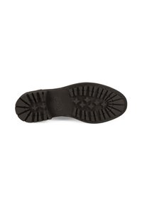 Semelle d'une botte en cuir marron foncé avec de profondes rainures et un logo de marque au centre sur un fond blanc.