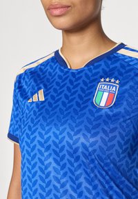 Zils futbola krekls, kas izgatavots no gludas auduma, ar lapu rakstu, zeltītām piedurknēm un Itālijas izlases emblēmu ar zvaigznēm.