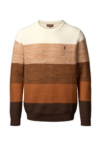 Knit sweater with a round neck, featuring horizontal stripes in cream, light brown, burnt orange, and dark brown. Includes a small logo.