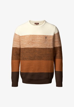 Megzta megsluoksnio švarkas su apvaliu kaklu, su horizontaliais dryžiais kreminės, šviesiai rudos, sudegintos oranžinės ir tamsiai rudos spalvų. Įtraukta mažas logotipas.