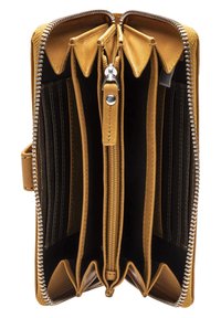 Yellow leather wallet with multiple compartments, zippered closures, and a textured interior. Features silver-tone hardware and contrasting stitching.