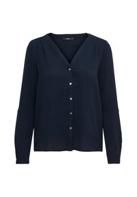 Blusa a maniche lunghe blu navy con scollatura a V, chiusura con bottoni e dettagli plissettati lungo le spalle. Realizzata in tessuto leggero e strutturato.