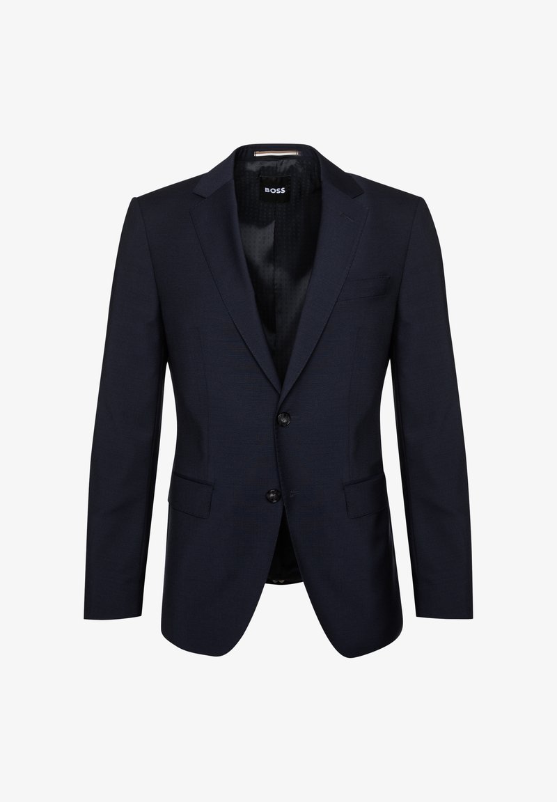 Navy blue blazer with structured design, single-breasted front, two-button closure, and notch lapels. Features side pockets and a textured lining.