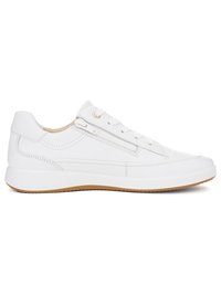 White low-top leather sneaker with side zipper, laces, and gum rubber sole, shown from the outer side on a white background.