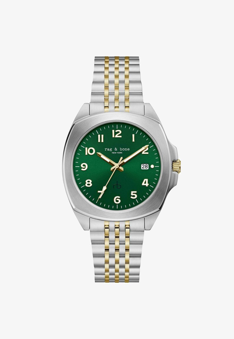 Ceas cu cadran verde, marcaje aurii și albe pentru ore, fereastră pentru dată la ora 3, brățară din linkuri de metal aurii și argintii, și carcasă argintie cu coroana aurie.