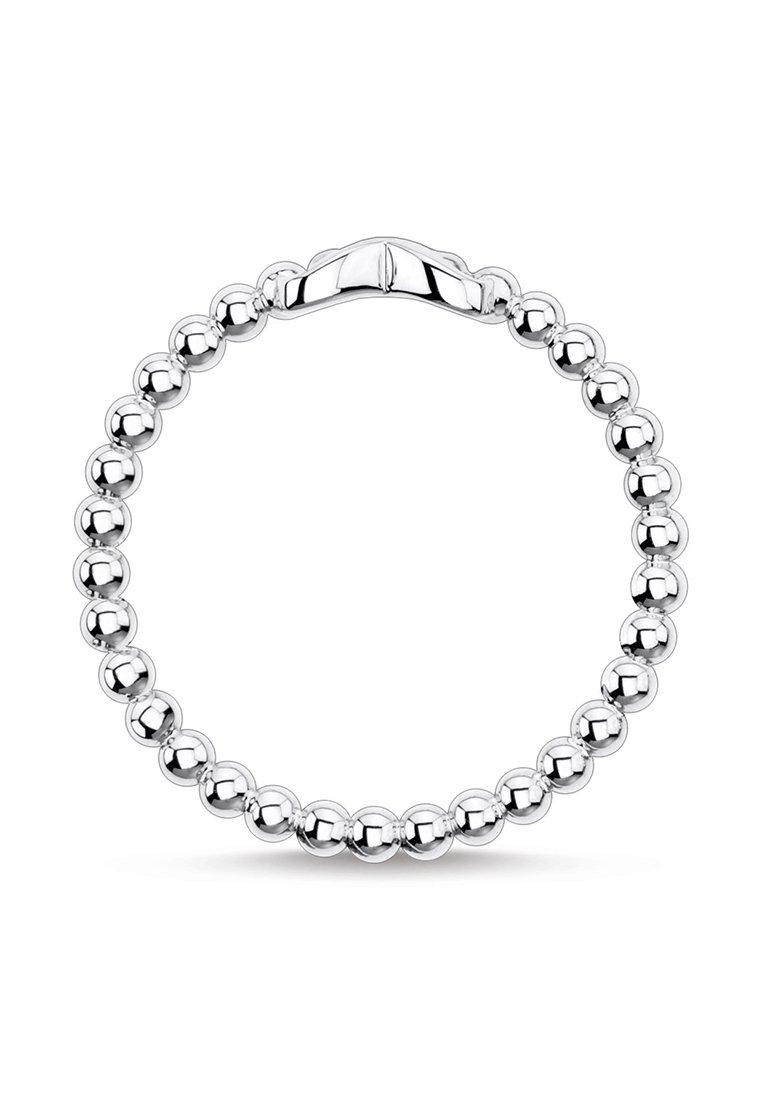 Silberperlenarmband mit einem durchgehenden Design, das glänzende kugelförmige Perlen und einen sicheren Verschluss aufweist, mit glatter Oberfläche und kreisförmiger Form.