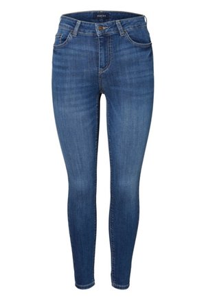 Blå høj talje skinny jeans med for- og baglommer, knap- og lynlås lukning, samt let falmet vask på lår og knæ.