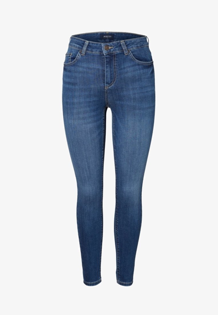Jean skinny bleu taille haute avec poches avant et arrière, fermeture par bouton et fermeture éclair, et légère décoloration sur les cuisses et les genoux.