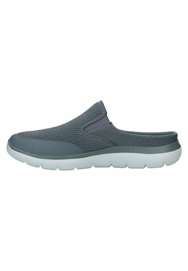 Gray slip-on shoes featuring breathable mesh material, a cushioned white sole, and a flexible design for easy wear.