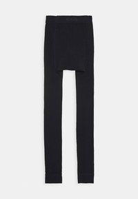 Leggings neri con un design senza cuciture, etichetta in vita a costine e vestibilità aderente. Realizzati in un materiale morbido ed elastico per il massimo comfort.