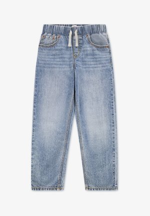 Light blue denim jeans with an elastic waistband, drawstring, and five pockets. Straight leg design with frayed hem details.