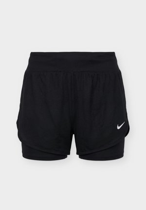 Zwarte Nike twee-in-één sportshorts met hoge tailleband en een wit swoosh-logo rechtsonder.