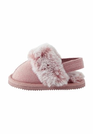 Pink open-toe slipper with a fluffy, faux fur upper, soft felt fabric, and textured rubber sole. Design features a crisscross strap.