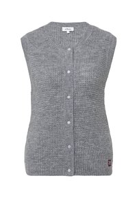 Grijze gebreide gilet met mouwloos ontwerp, ronde halslijn, vijf witte knopen en een klein logotag aan de rechteronderzijde.