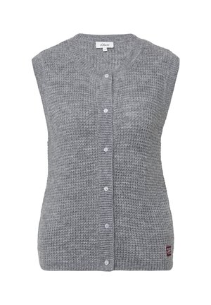 Graue Strickweste mit ärmellosem Design, rundem Halsausschnitt, fünf weißen Knöpfen und kleinem Logosticker auf der unteren rechten Seite.