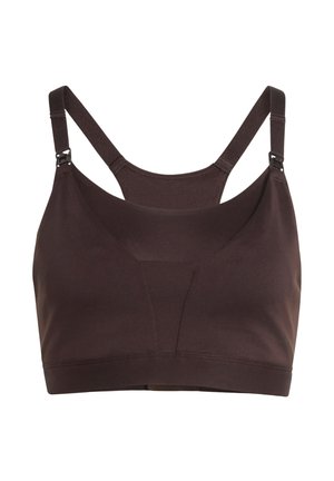 Smeđi sportski grudnjak bez šavova, s podesivim naramenicama i širokom trakom. Izrađen od rastezljivog materijala za udobnost i fleksibilnost.