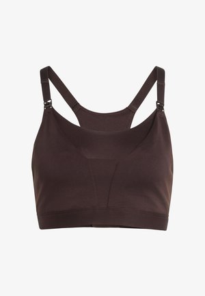 Smeđi sportski grudnjak bez šavova, s podesivim naramenicama i širokom trakom. Izrađen od rastezljivog materijala za udobnost i fleksibilnost.