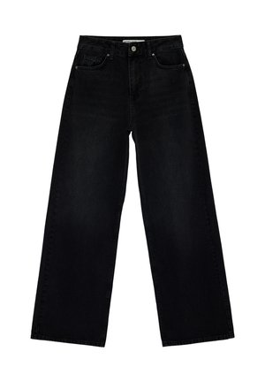 Jean noir taille haute à jambes larges avec poches avant et arrière, fermeture par bouton et passants pour ceinture, posé à plat sur fond blanc.