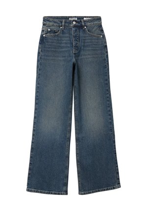 Jeansy typu wide-leg w średnim niebieskim odcieniu, z zapięciem na guzik, pięcioma kieszeniami i subtelnym wyblaknięciem na tkaninie.
