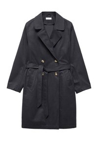 Dvojřadový trench coat v tmavě šedé barvě, vyrobený z hladkého materiálu, s páskem v pase, velkým klopovým límcem a zlatými knoflíky.