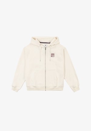 Creme hoodie med frontlynlås, snørebånd i hætten og sidelommer. Har et lille mørkerødt logo på brystet og ribbede manchetter.