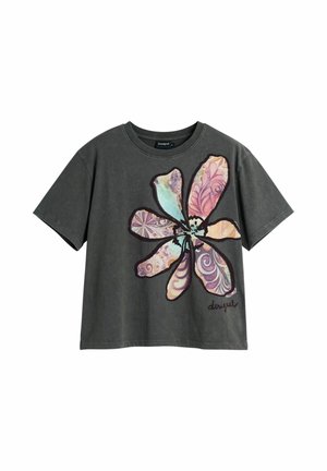 Dark gray short-sleeve T-shirt with a large colorful paisley-patterned flower design on the front and a small logo near the hem.