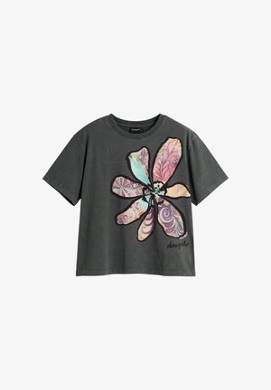 Dark gray short-sleeve T-shirt with a large colorful paisley-patterned flower design on the front and a small logo near the hem.