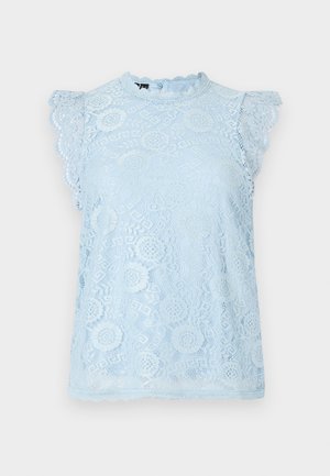 Light blue lace top with ruffled shoulders, featuring a floral pattern, scalloped edges, and a high neckline for a delicate design.