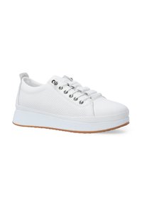 Weißer Sneaker mit einem perforierten Design, rundem Zehenbereich und einer dicken Gummisohle. Verfügt über Metallösen und einen leicht erhöhten Absatz.