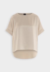 Beige lyhythihainen paita, jossa on korkea-alareuna, pyöreä pääntie ja käärityt hihat, esitelty valkoista taustaa vasten.