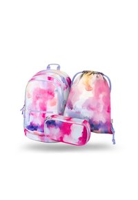 Set di zaini composto da uno zaino grande, una borsa a cordoncino e un astuccio, tutti con un motivo ad acquerello in toni di rosa, viola e delicate tonalità pastello.
