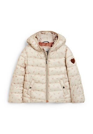Flødefarvet polstret jakke med lille blomsterprint, lynlås foran, to knaplukninglommer, hætte og hjerteformet mærke på venstre ærme.