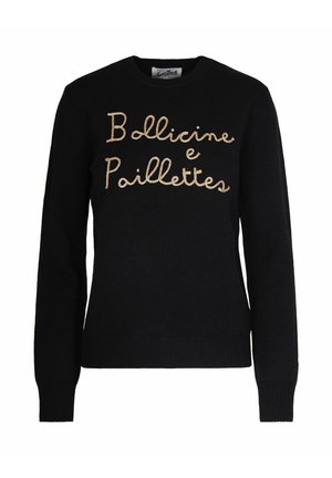 Maglione nero lavorato a maglia con la scritta "Bollicine e Paillettes" ricamata in filo metallico dorato sulla parte anteriore. Maniche e orlo a coste.