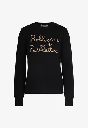Maglione nero lavorato a maglia con la scritta "Bollicine e Paillettes" ricamata in filo metallico dorato sulla parte anteriore. Maniche e orlo a coste.