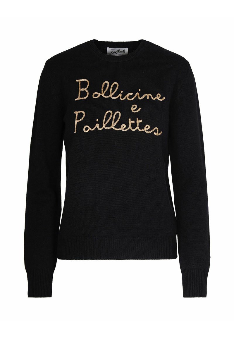 Maglione nero lavorato a maglia con la scritta "Bollicine e Paillettes" ricamata in filo metallico dorato sulla parte anteriore. Maniche e orlo a coste.