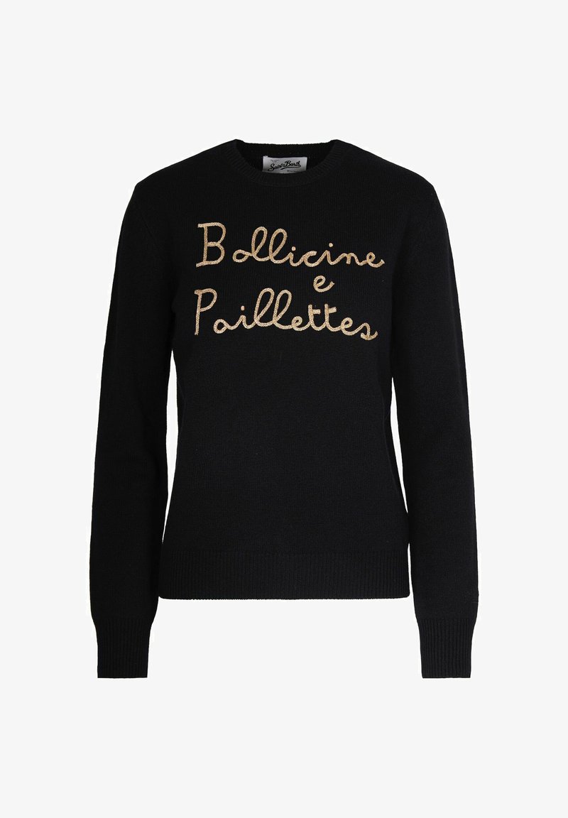Maglione nero lavorato a maglia con la scritta "Bollicine e Paillettes" ricamata in filo metallico dorato sulla parte anteriore. Maniche e orlo a coste.