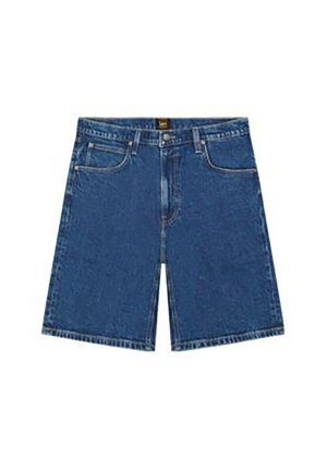 Blauwe denimshorts met knopen en rits aan de voorkant, twee voorzakken en lussen voor een riem, plat liggend op een witte achtergrond.