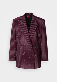 Dvoredni bordo suknjič z belimi tankimi črtami, z zarezanim ovratnikom, dvema sprednjima žepoma in črnimi gumbi. Podložen notranjost.