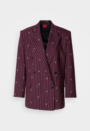 Bordo dvoredno sako s bijelim prugama, s ovratnikom s ureznutom notom, dva prednja džepa i crnim gumbima. Postava iznutra.