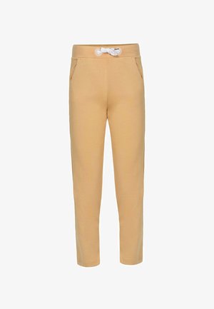 Pantaloni della tuta beige a gamba affusolata con tasche frontali e un laccio bianco all'elastico in vita, mostrati su uno sfondo semplice.