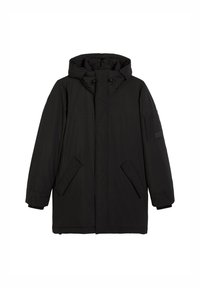 Schwarze gepolsterte Parka-Jacke mit Kapuze, ausgestattet mit einem vorderen Reißverschluss, zwei seitlichen Taschen und einer aufgesetzten Tasche am linken Ärmel.