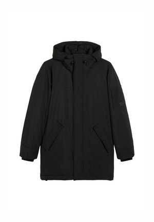 Schwarze gepolsterte Parka-Jacke mit Kapuze, ausgestattet mit einem vorderen Reißverschluss, zwei seitlichen Taschen und einer aufgesetzten Tasche am linken Ärmel.