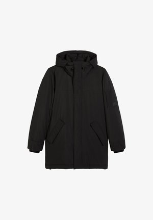 Schwarze gepolsterte Parka-Jacke mit Kapuze, ausgestattet mit einem vorderen Reißverschluss, zwei seitlichen Taschen und einer aufgesetzten Tasche am linken Ärmel.
